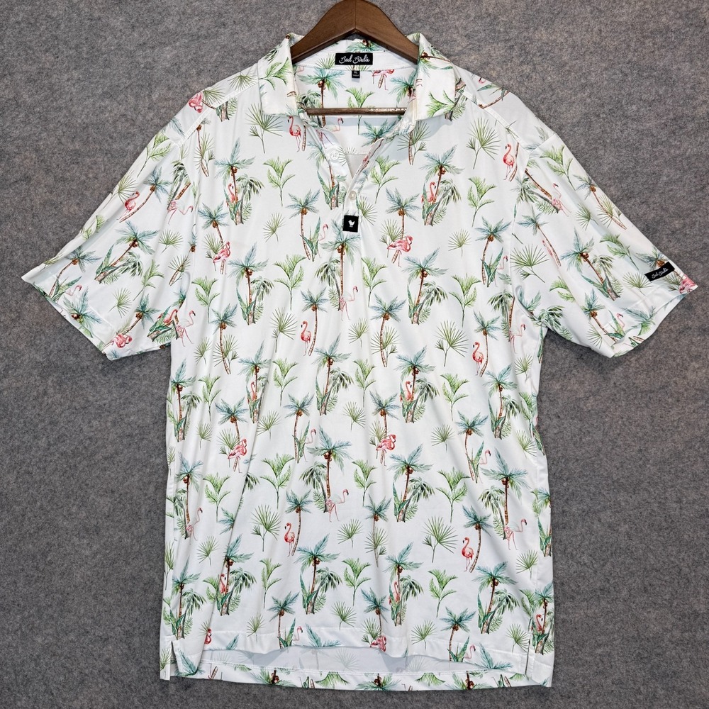 Bad Birdie Bahamas Golf Polo Shirt Mens XL Flamingo Palm Trees Performance Tee